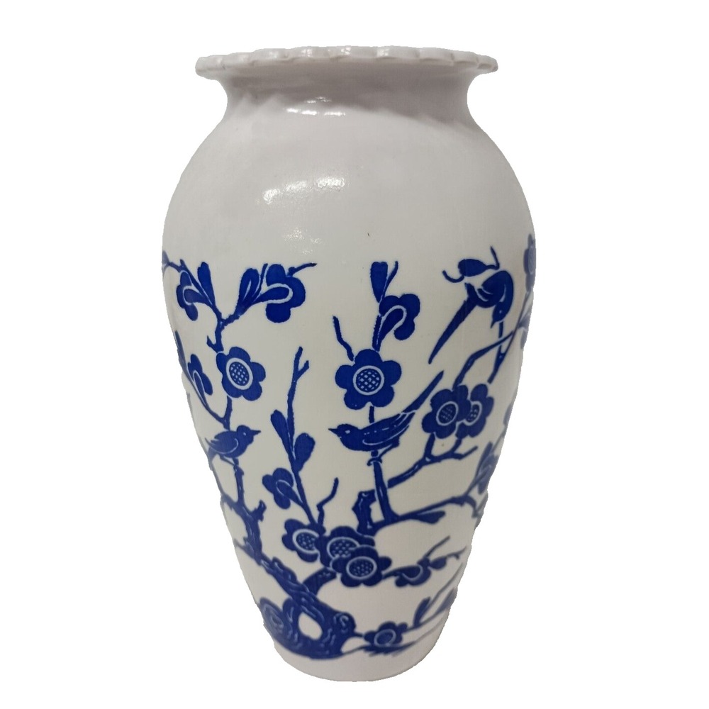 Vintage Anchor Hocking White Milk Glass Blue Floral Birds Hand Painted Vase MCM
